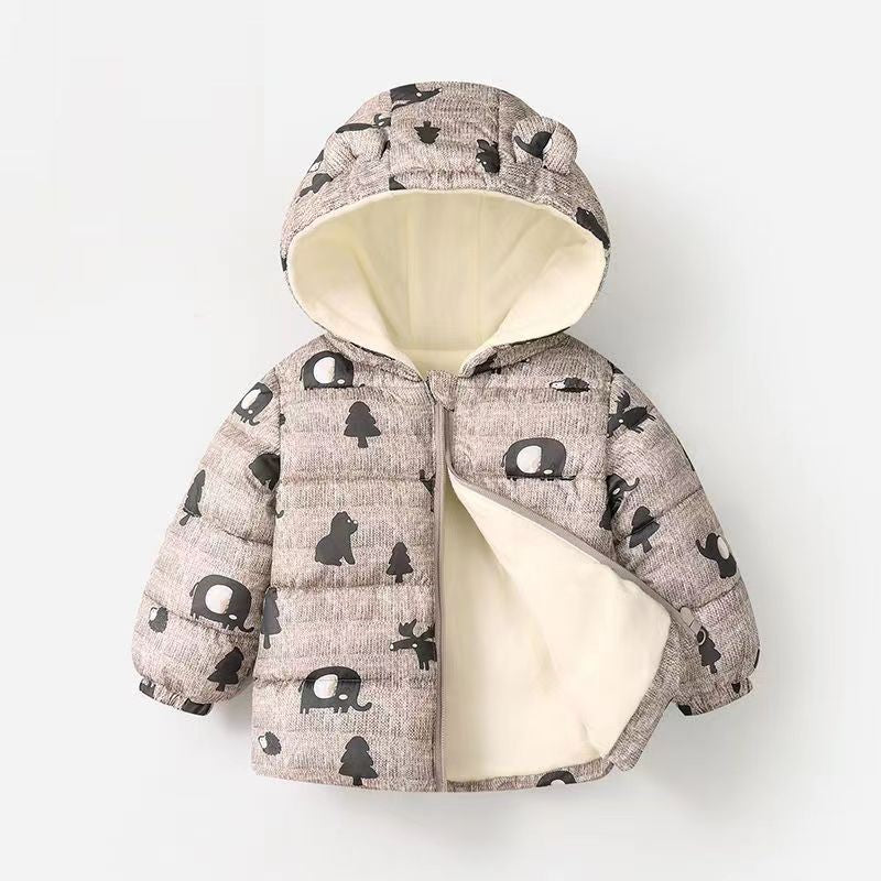 Campera de pluma con forro, estampas de animales y capucha con orejas