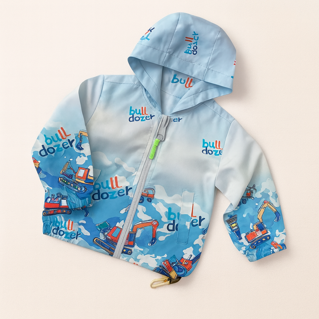 Campera rompeviento con capucha blanco y celeste con estampas de excavadoras