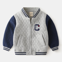 Carregar imagem no visualizador da galeria, Campera tipo moletón gris con mangas azul marino
