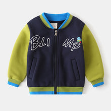 Cargar imagen en el visor de la galería, Campera micro polar azul con mangas verde y letras
