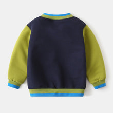 Cargar imagen en el visor de la galería, Campera micro polar azul con mangas verde y letras
