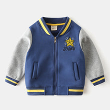 Carregar imagem no visualizador da galeria, Campera tipo moletón azul con gris y bordado de estrella
