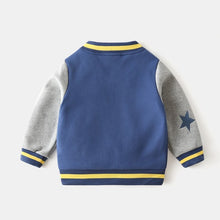 Carregar imagem no visualizador da galeria, Campera tipo moletón azul con gris y bordado de estrella
