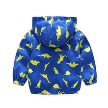 Carregar imagem no visualizador da galeria, Campera rompeviento azul con capucha de dino verde
