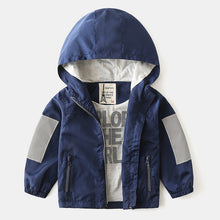 Carregar imagem no visualizador da galeria, Campera rompeviento azul marino con gris y capucha

