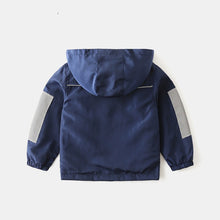 Carregar imagem no visualizador da galeria, Campera rompeviento azul marino con gris y capucha
