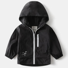 Cargar imagen en el visor de la galería, Campera rompeviento con forro micro polar negro con capucha de dino
