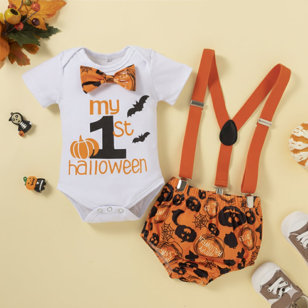 Body blanco con cubre pañal de halloween y tirante naranja