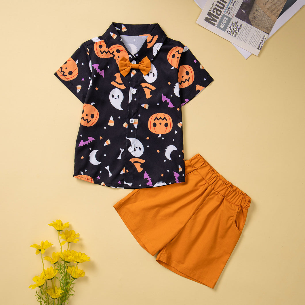 Camisa negra con estampas de halloween y short  naranja