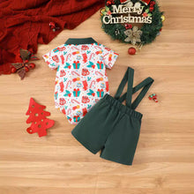 Cargar imagen en el visor de la galería, Body blanco con estampas navideñas, short con tirante y moño verde
