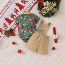 Cargar imagen en el visor de la galería, Body verde con estampas navideñas, short con tirante y moño beige
