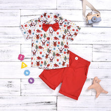 Cargar imagen en el visor de la galería, Camisa blanca a rayas con estampas navideñas y short con moño rojo
