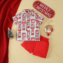 Cargar imagen en el visor de la galería, Camisa blanca con estampas de Papá Noel y short rojo
