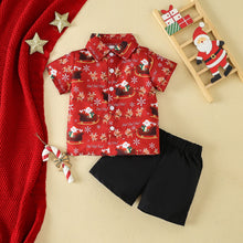 Cargar imagen en el visor de la galería, Camisa rojo con estampas navideñas y short negro
