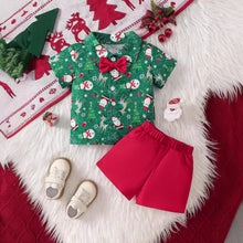 Cargar imagen en el visor de la galería, Camisa verde con estampas navideñas y short con moño rojo
