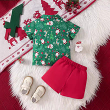 Cargar imagen en el visor de la galería, Camisa verde con estampas navideñas y short con moño rojo
