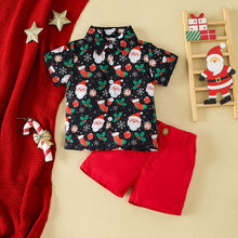 Cargar imagen en el visor de la galería, Camisa negra con estampas navideñas y short rojo
