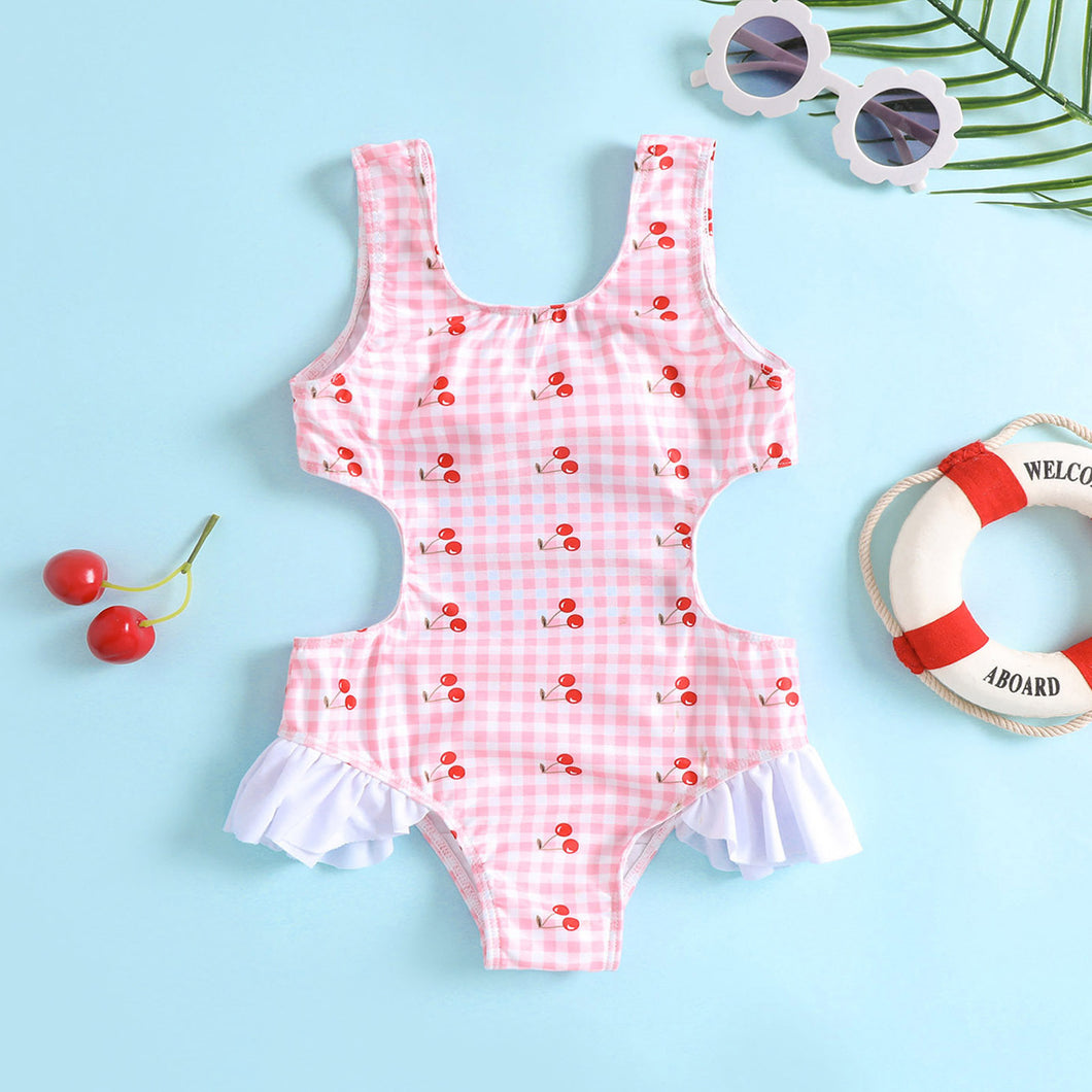 Traje de baño cintura abierta rosa con estampa de cereza y volado