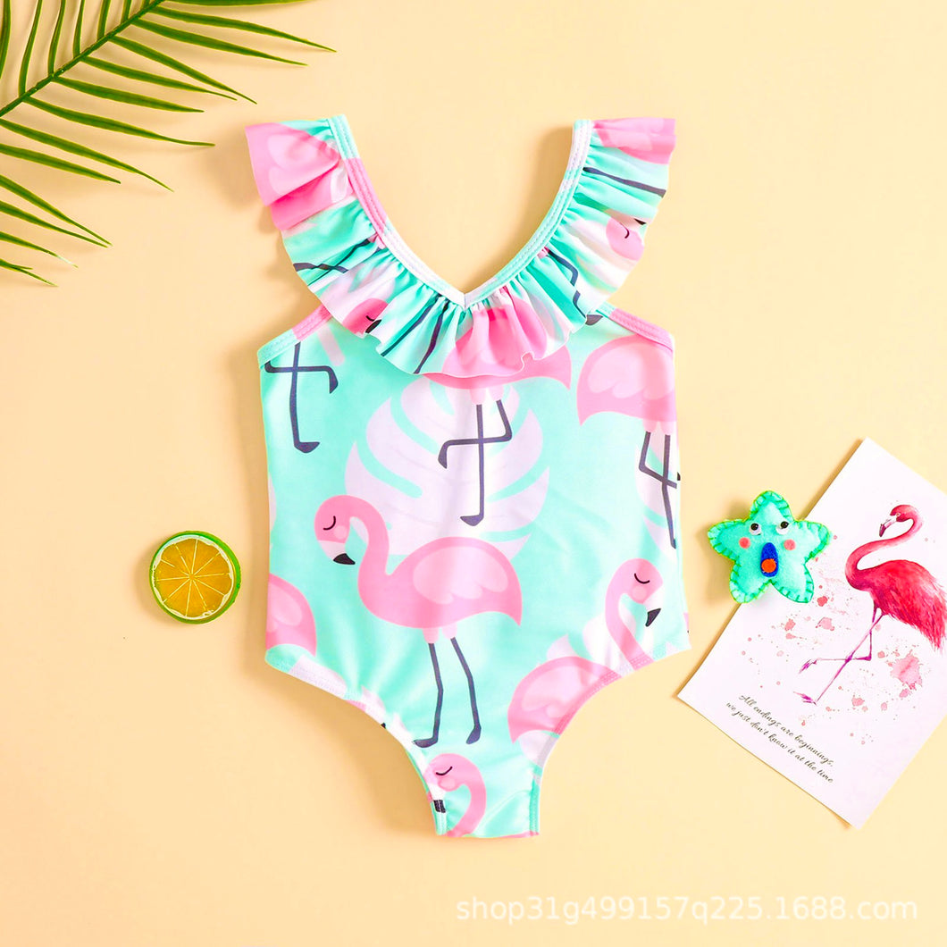 Traje de baño celeste con estampa de flamencos