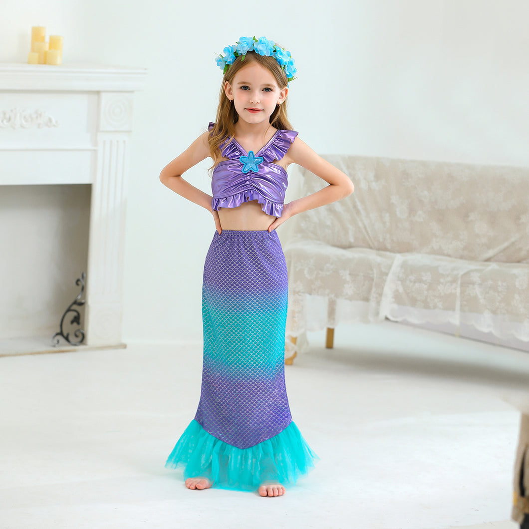 Traje de baño lila con turquesa estilo Sirena  con escamas y tul