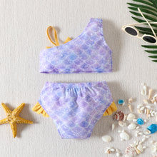 Carregar imagem no visualizador da galeria, Traje de baño lila con escamas de sirena y moño amarillo
