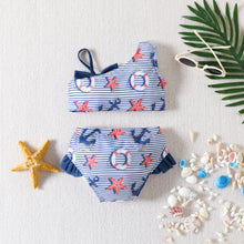 Carregar imagem no visualizador da galeria, Traje de baño a rayas con estampas de anclas y estrella del mar con moño azul marino
