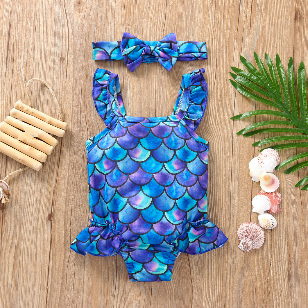 Traje de baño colorido con escamas de sirena y vincha