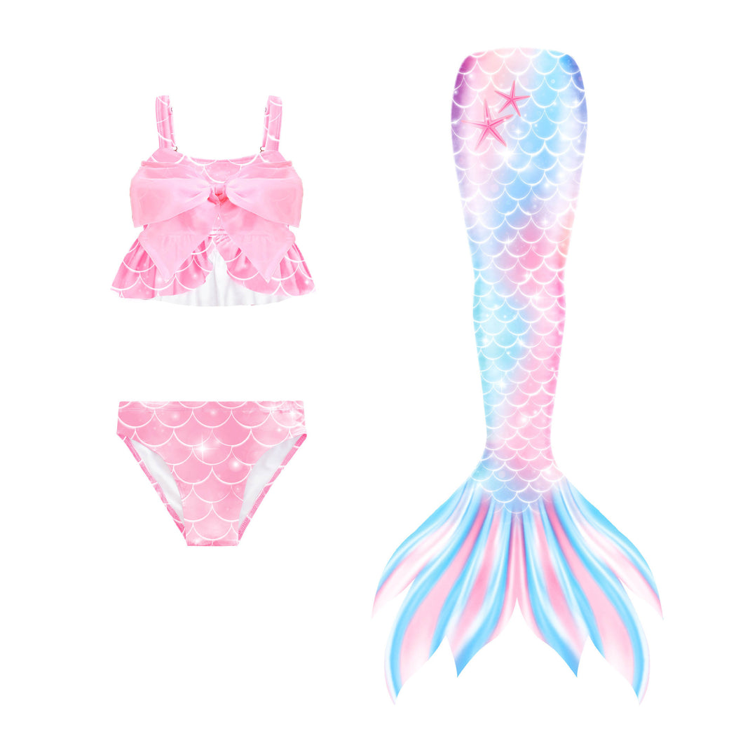 Traje de baño rosa con moño estilo Sirena escamas celeste