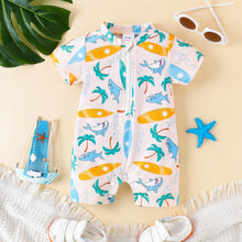 Cargar imagen en el visor de la galería, Traje de baño crema con estampas de palmeras y tiburones
