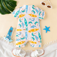 Cargar imagen en el visor de la galería, Traje de baño crema con estampas de palmeras y tiburones
