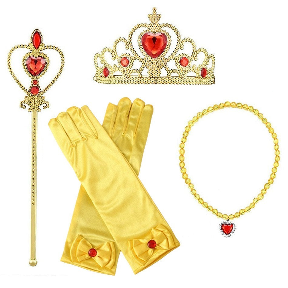 Pack de 4 accesorios amarillo (Corona, varita mágica, guantes con estampa y collar)
