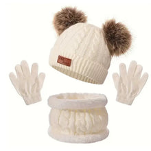 Carregar imagem no visualizador da galeria, Gorra de hilo con orejas de pompón, guantes y bufanda
