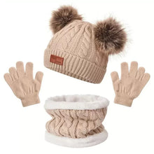 Carregar imagem no visualizador da galeria, Gorra de hilo con orejas de pompón, guantes y bufanda
