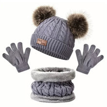 Carregar imagem no visualizador da galeria, Gorra de hilo con orejas de pompón, guantes y bufanda

