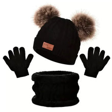 Carregar imagem no visualizador da galeria, Gorra de hilo con orejas de pompón, guantes y bufanda
