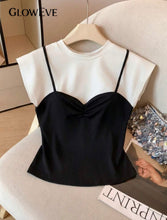 Carregar imagem no visualizador da galeria, Camiseta de punto sin mangas con patchwork 2 en 1 de manga corta para mujer, diseño de contraste en blanco y negro, top corto ajustado, uso casual diario (S)
