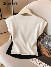 Carregar imagem no visualizador da galeria, Camiseta de punto sin mangas con patchwork 2 en 1 de manga corta para mujer, diseño de contraste en blanco y negro, top corto ajustado, uso casual diario (S)
