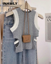 Carregar imagem no visualizador da galeria, Camiseta sin mangas de verano casual con bloques de color y diseño calado para mujer (S)

