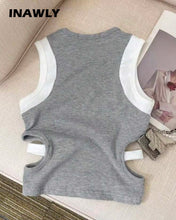 Carregar imagem no visualizador da galeria, Camiseta sin mangas de verano casual con bloques de color y diseño calado para mujer (S)
