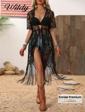 Carregar imagem no visualizador da galeria, Top de manga corta con encaje negro y flecos para cubrir de estilo bohemio para festivales de música (XS)
