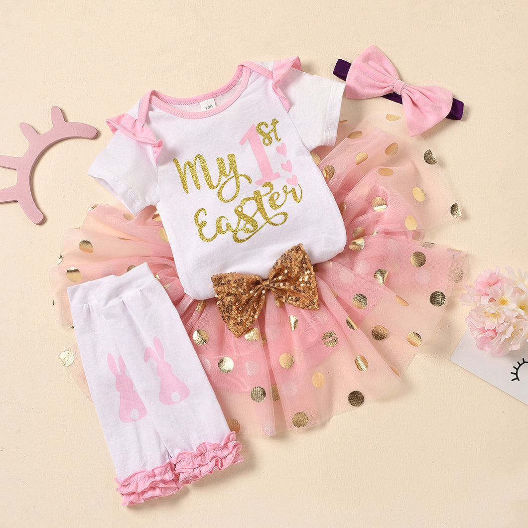 Body blanco con letras, tutu rosa lunares, media y vincha