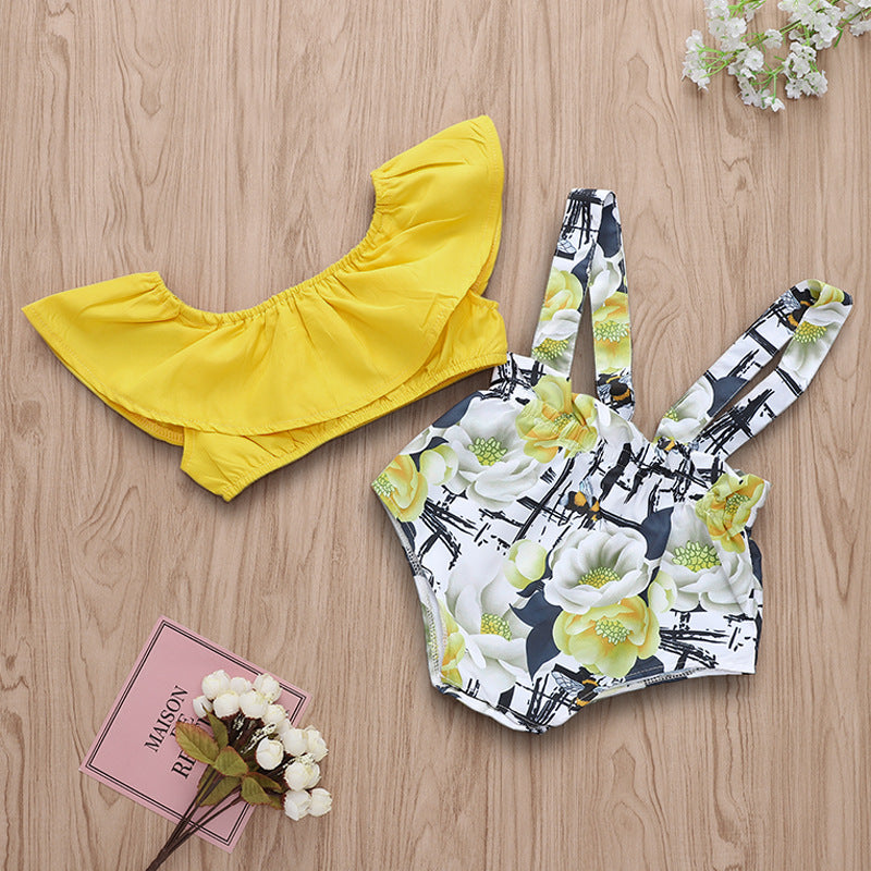 Crop top amarillo y cubre pañal con tiras floreado