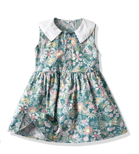 Vestido verde estampado de flores con cuello blanco
