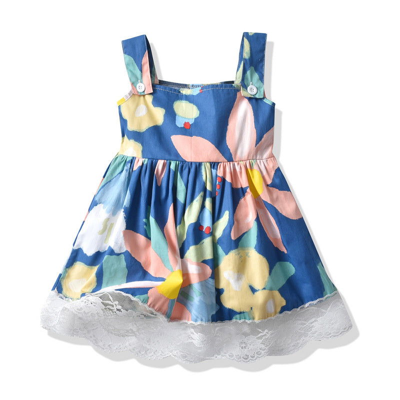 Vestido azul estampado de flores, detalles con encaje y botones