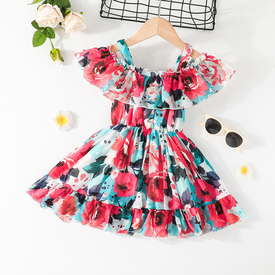 Vestido hombro recto blanco con flores en rojo y turquesa