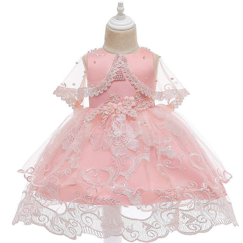 Vestido con encajes de flores, perlas y chal transparente