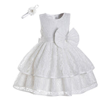 Carregar imagem no visualizador da galeria, Vestido elegante blanco, con encaje escalonado y moño, vincha incluido

