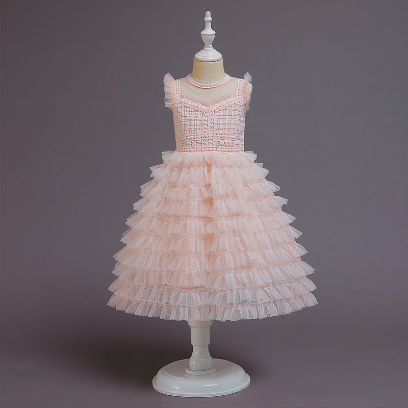 Vestido rosa escalonado, tutu, sin manga con transparencia