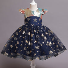 Cargar imagen en el visor de la galería, Vestido elegante azul, copos de nieve, moño y detalles de lentejuelas
