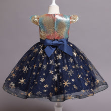 Cargar imagen en el visor de la galería, Vestido elegante azul, copos de nieve, moño y detalles de lentejuelas
